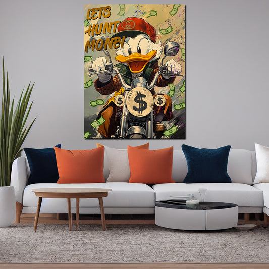 Quadro Comic Duck in moto sotto una pioggia di soldi