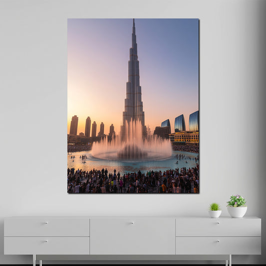 Quadro Dubai Burj Khalifa con fontana al tramonto