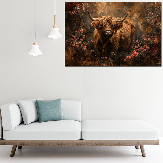 Quadro Mucca highland tra fiori stile rustico romantico vintage