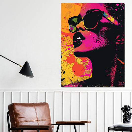 Quadro Pop Art donna ritratto occhiali da sole colorato moderno