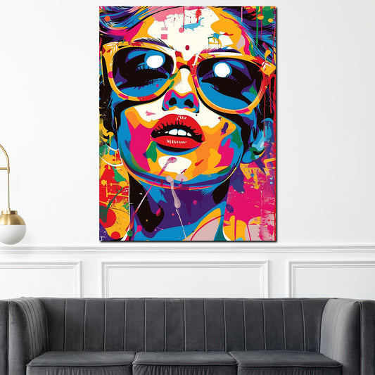 Quadro astratto donna colorata con occhiali da sole Pop Art moderno