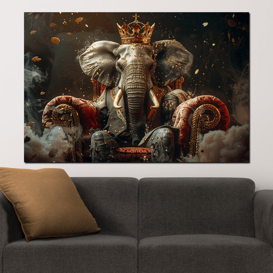 Quadro astratto elefante reale con corona su trono lussuoso