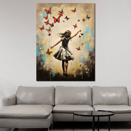 Quadro astratto street art ragazza con farfalle rosse