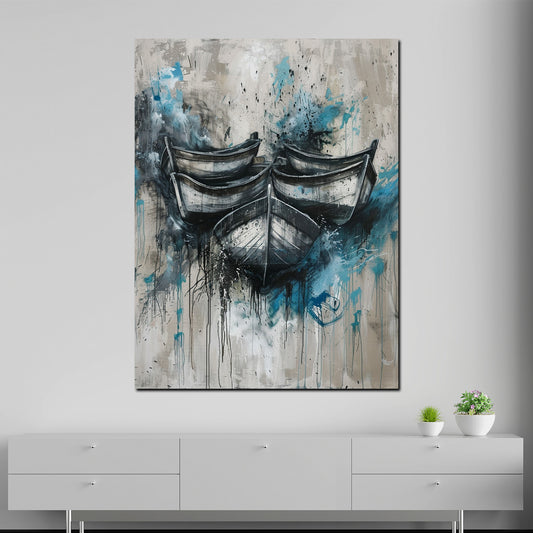 Quadro barche astratte nei toni del blu e grigio