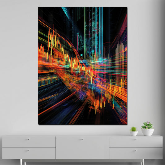 Quadro borsa grafici colori neon finanza digitale moderno