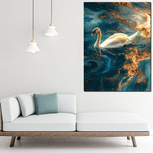 Quadro cigno elegante in'acqua oro blu magia eleganza moderno