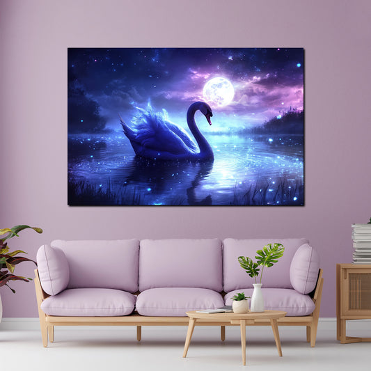 Quadro cigno magico sotto la luna piena incanto notte natura moderno