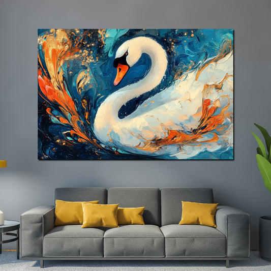 Quadro cigno pittorico con esplosione di colori eleganza dinamica astratto