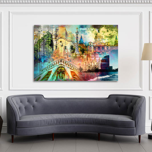 Quadro città Barcellona pop art architettura monumenti moderno