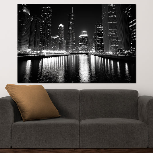 Quadro città chicago usa skyline grattacieli bianco e nero riflesso notturno