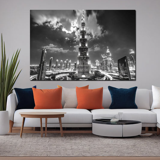 Quadro città dubai burj khalifa skyline bianco e nero architettura notturna