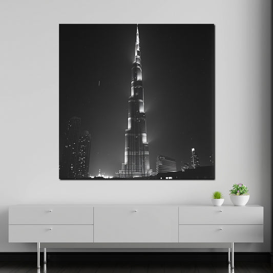 Quadro città dubai burj khalifa skyline notturna bianco e nero