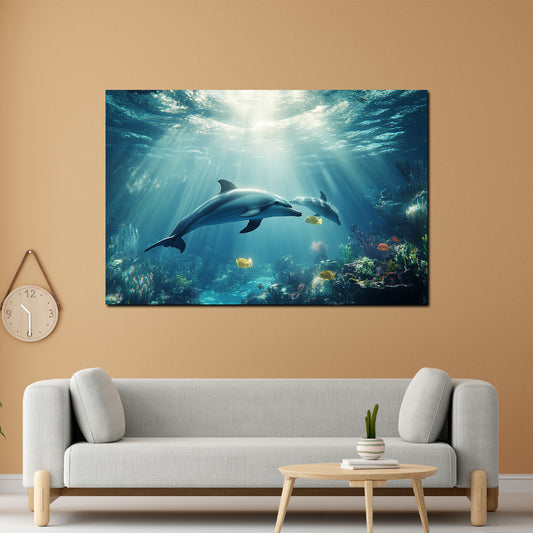 Quadro delfini oceano luce sottomarina natura serenità