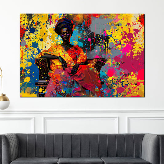 Quadro donna africana seduta con vestito tradizionale colorato stile