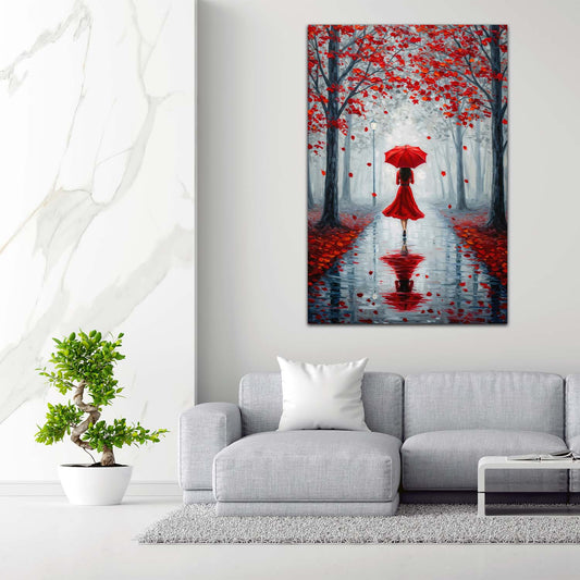 Quadro donna con vestito rosso ombrello viale autunnale romantico moderno