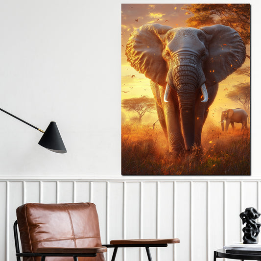 Quadro elefante nella savana al tramonto con colori caldi e atmosfera magica