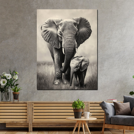 Elefanti bianco e nero affetto famiglia natura eleganza quadro