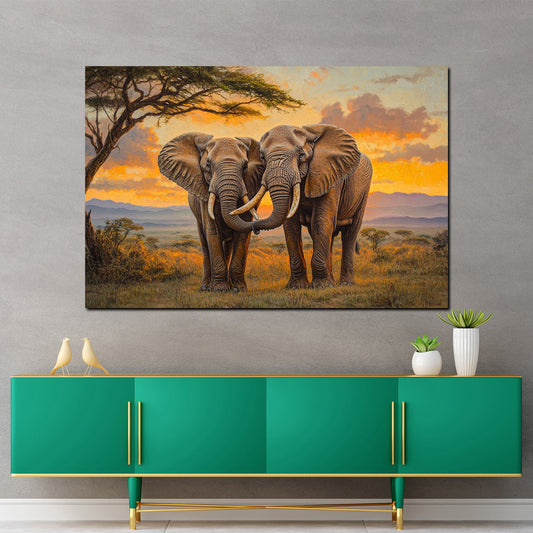 Quadro elefanti tramonto africa savana natura legame armonia