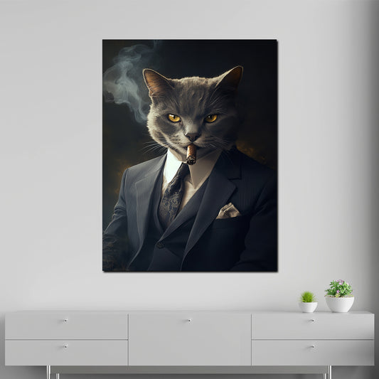 Quadro gatto carismatico in abito che fuma potere eleganza moderno