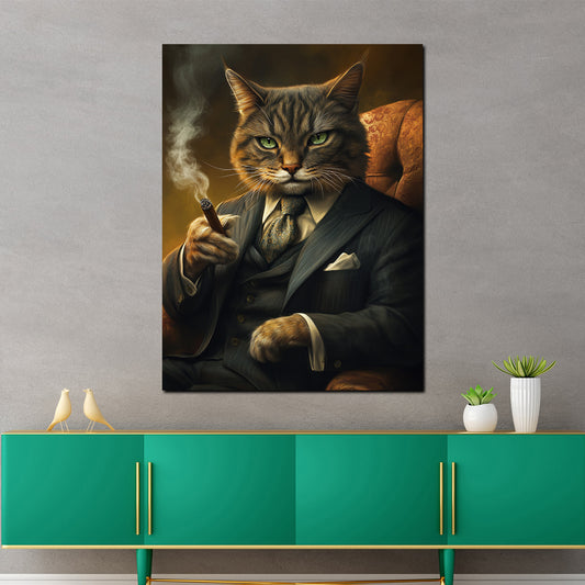 Quadro gatto carismatico in abito che fuma stile autorità lusso moderno