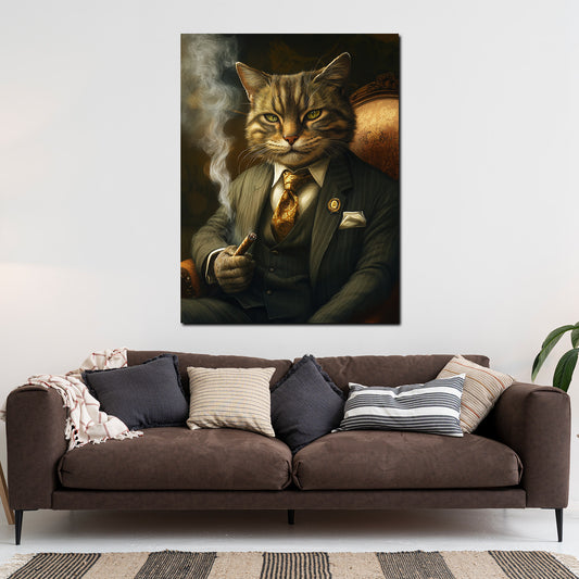Quadro gatto elegante che fuma in abito successo potere moderno