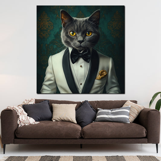 Quadro gatto elegante in smoking bianco stile lusso nobiltà moderno