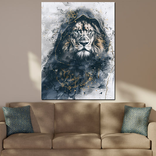 Quadro leone con cappuccio dettagli dorati arte moderna