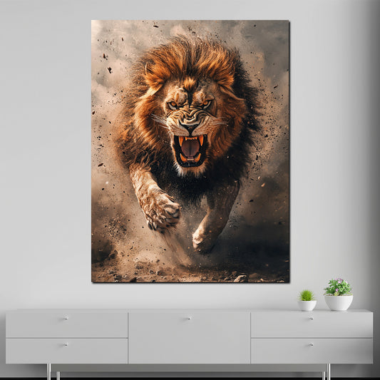 Quadro leone feroce in attacco moderno