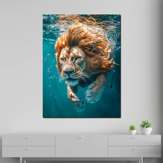 Quadro leone nell'acqua concentrato forza animale selvaggio