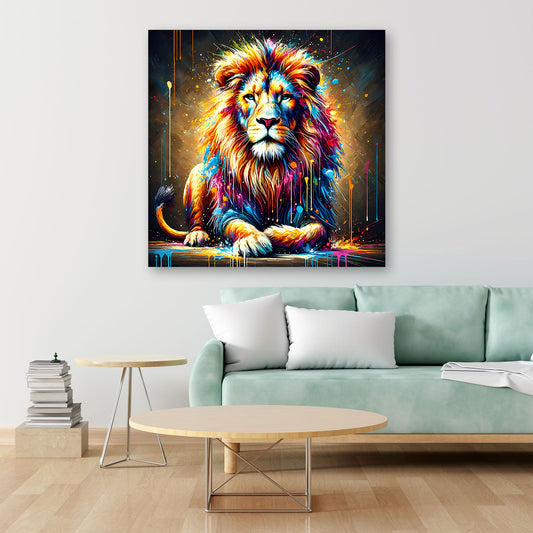 Quadro leone pop art seduto con colori vivaci