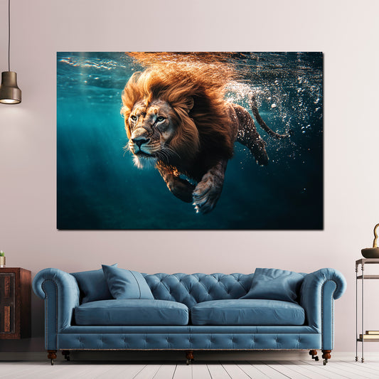 Quadro leone sott'acqua forza animale natura selvaggia
