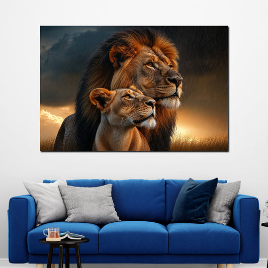 Quadro leoni coppia maestosa natura tramonto