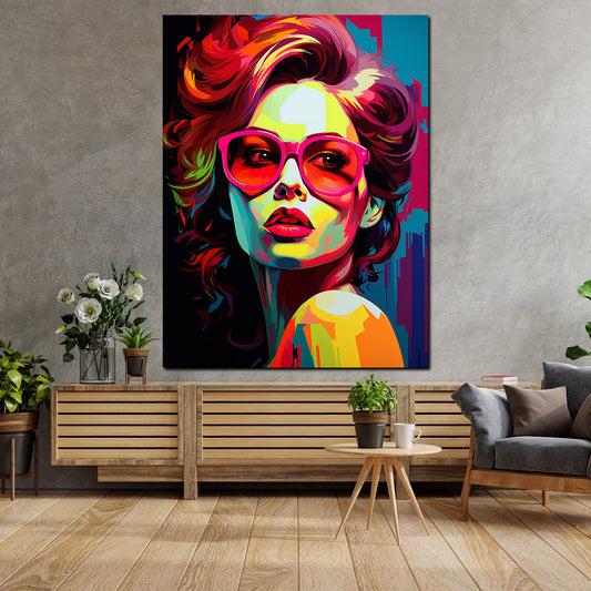 Quadro moderno Pop Art Donna con occhiali da sole rossi