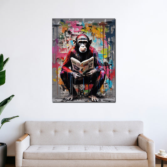 Quadro moderno Pop Art Scimmia seduta con giornale