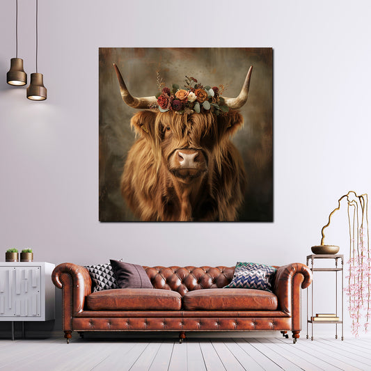 Quadro mucca delle Highlands con fiori stile boho natura moderno