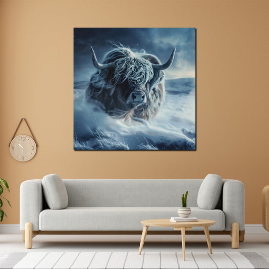 Quadro mucca nella neve paesaggio invernale natura ghiacciata