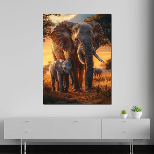 Quadro natura elefanti famiglia tramonto savana africana
