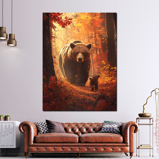 Quadro orsi famiglia foresta autunno natura tenerezza