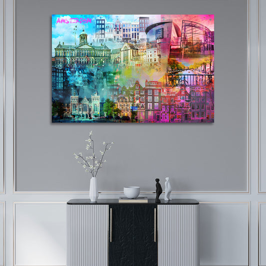 Quadro pop art Amsterdam cittá skyline colorato moderno