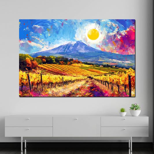 Quadro pop art paesaggio vigneti sole montagna natura colorata