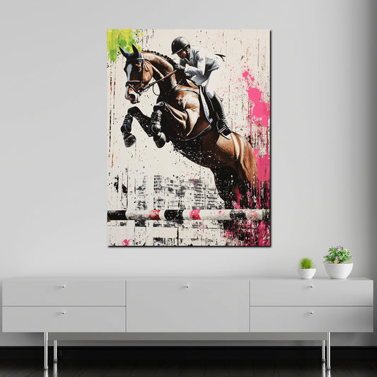 Quadro salto ostacoli cavallo e cavaliere urbano sportivo