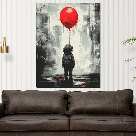 Quadro street art bambino palloncino rosso cuffie