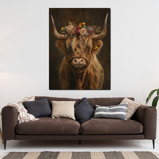 Quadro Vacca fiero con corona di fiori stile boho natura vintage moderno