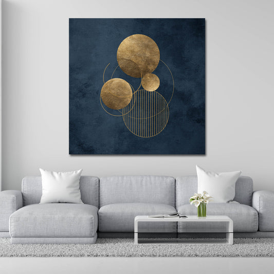 Arte geometrica astratta cerchi oro e blu quadro