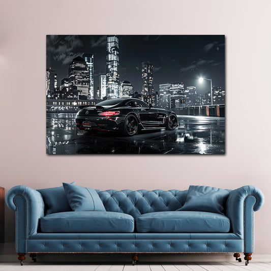 Auto nero sportivo città illuminata notte asfalto bagnato quadro