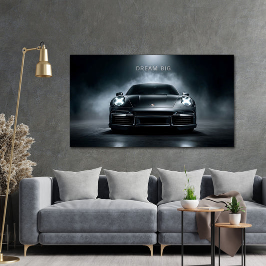 Auto sportive Porsche in vista frontale Dream Big motivazione quadro
