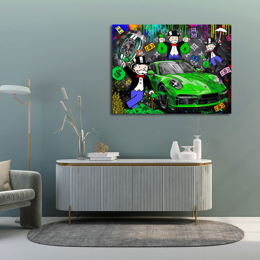 Auto verde lusso soldi orologio arte pop quadro