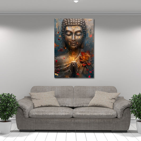 Buddha statua meditazione candela fiore loto struttura dorata zen quadro