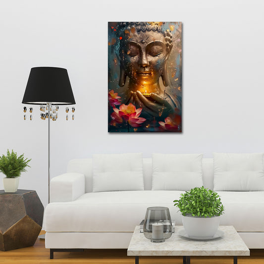 Buddha statua meditazione candela fiori loto calma spirituale quadro