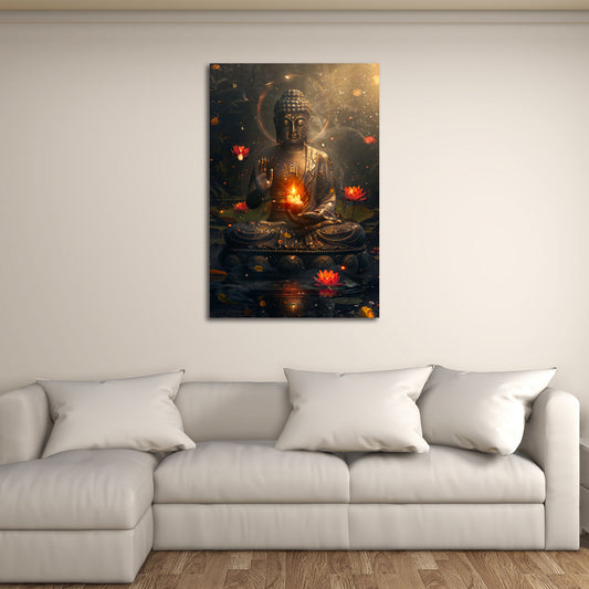 Buddha statua meditazione candela fiori loto calma zen quadro